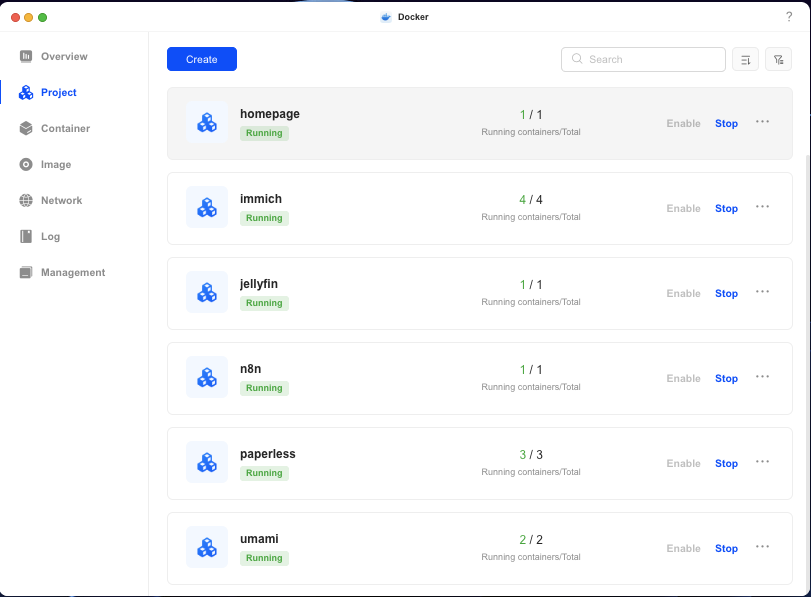 Docker dashboard showing running containers including Immich and n8n